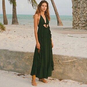 Free People Yvette Cut Out Maxi Dress Ruffle Endless Summer Emerald Green L RARE